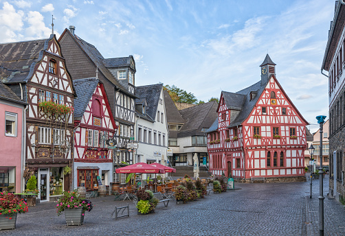 Rhens, Germany – September 9, 2022: Market square and historic town hall of the village in the Upper Middle Rhine Valley.