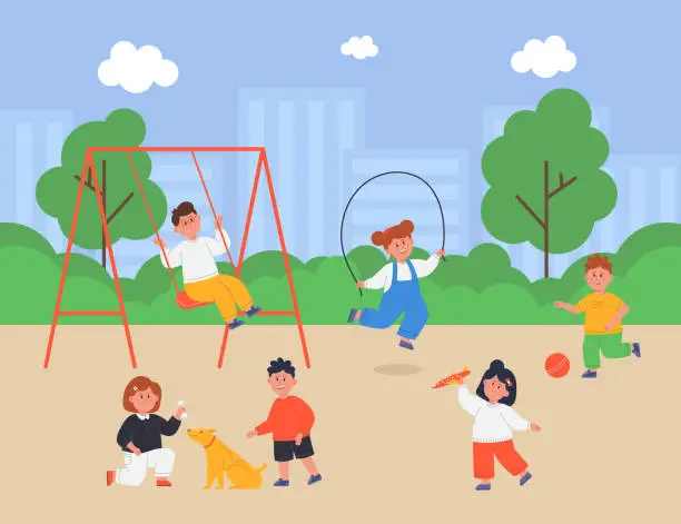 Vector illustration of Children playing on playground flat vector illustration