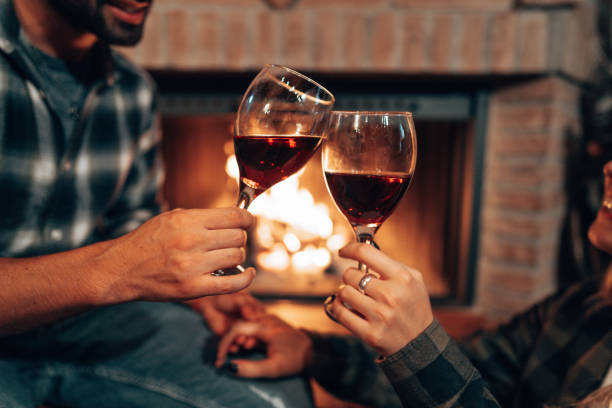 couple drinking wine in front of the fireplace stock photo