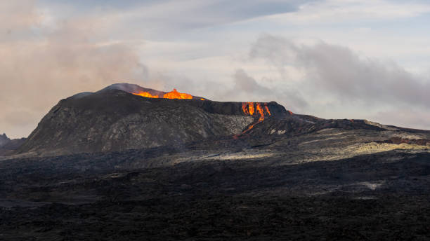 istock Impressive aerial view of the exploding red lava from the Active Volcano of Geldingadalir in Iceland 1435048076