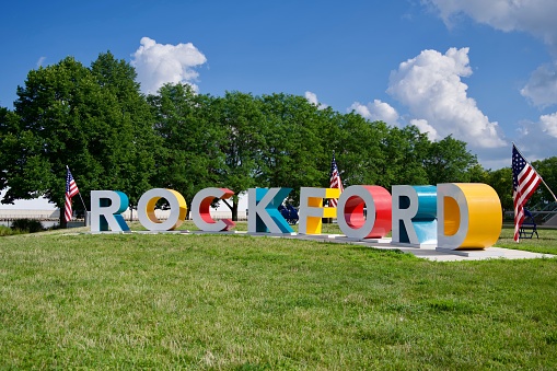 Rockford, United States – October 19, 2022: A large colorful Welcome to Rockford sing in downtown Rockford