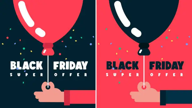 Vector illustration of Black Friday Super Sale banner, red and black floating balloon with super offer, Sale and discounts banners in flat style, Vector illustration