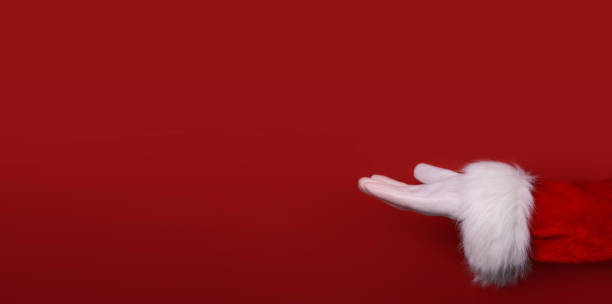 istock Santa Claus hand presenting your text, product, advertisement on a red background.Mockup. Copy space. Banner 1435049613