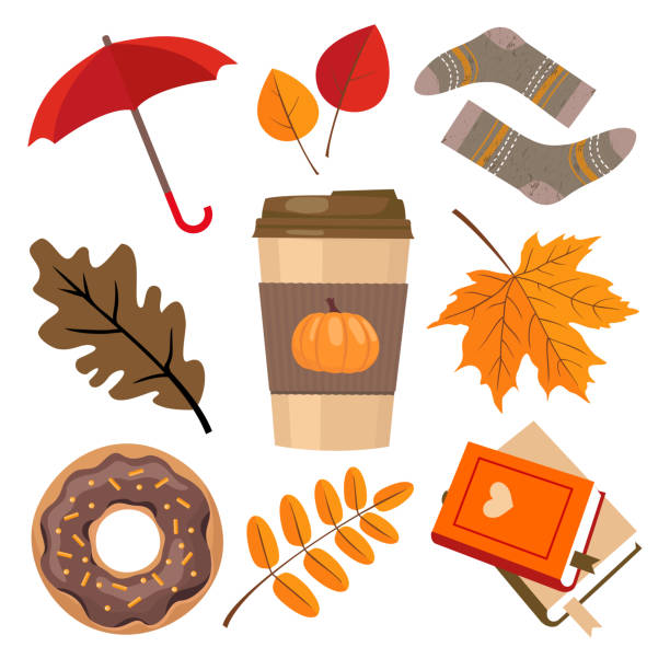 AUTUMN ELEMENTS COFFEE SET Autumn elements set - coffee paper cup. umbrella, doughnut with sprinkles, stack of books, leaves . cup disposable cup paper insulation stock illustrations