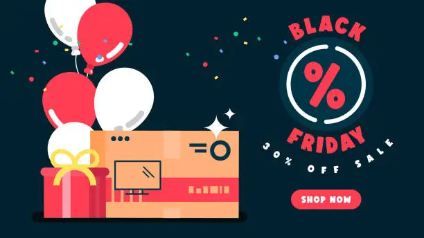 Vector illustration of Black Friday Sale banner, red and white floating balloon with super offer on Smart TV and gift, Sale and discounts banners in flat style, Vector illustration