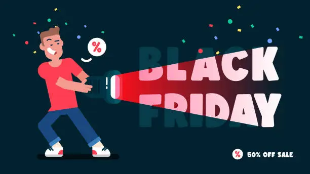 Vector illustration of Smiling man Holding Flashlight lights up showing Black Friday phrase, Enjoy Super Sale, 50% Sale sticker, discounts banners in flat style, Vector avatar illustration