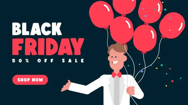 Vector illustration of Smiling man Holding red balloons, Enjoy the Black Friday Sale, 50% Sale sticker, discounts banners in flat style, Vector avatar illustration