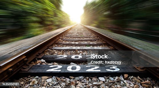istock Empty railroad with new year number 2023, 2024 to 2026 1435050181