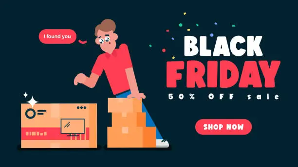 Vector illustration of Happy man found what he looking for,  super offer on Smart TV and gift, Black Friday sale and discounts banners in flat style, Vector illustration avatar