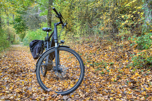 An e-bike is standing in the colorful autumn forest. What looks nice can be dangerous for cyclists, because wet autumn leaves on the paths can turn cycling into a slide party.