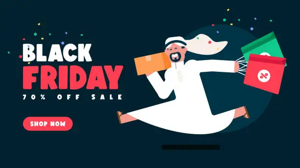 Vector illustration of Happy arabic man with emirate dress carries shopping bags and running, Black Friday Sale banner, Sale and discounts banners in flat style, Vector illustration avatar