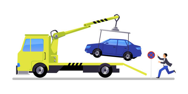 istock Tow truck lifting improperly parked car, upset man running - flat vector illustration isolated on white background. 1435051717