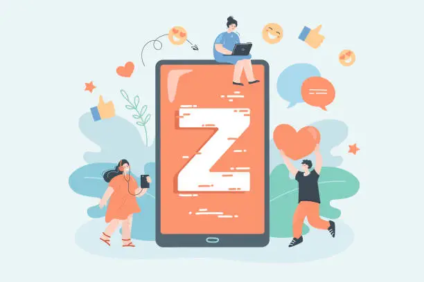 Vector illustration of Young people and huge smartphone with letter Z on screen