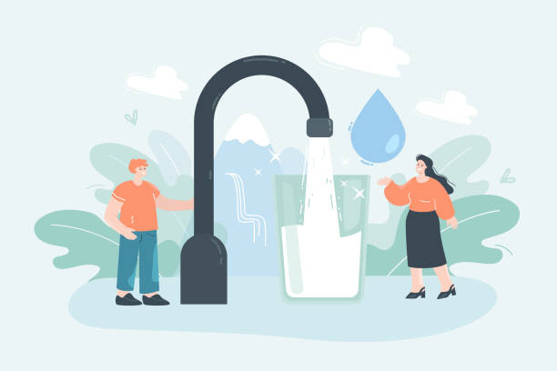 orang-orang kecil dengan segelas besar air minum bersih - air-minum ilustrasi stok