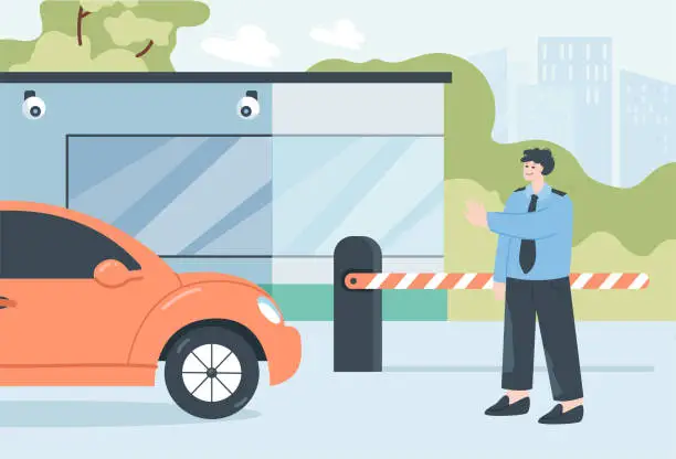 Vector illustration of Guard stopping car before parking gate flat vector illustration
