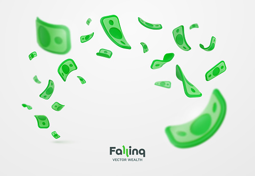 Falling dollars currency 3d cartoon vector illustration. Isolated cartoon US paper bills on white background. Winning jackpot web banner money hurricane.
