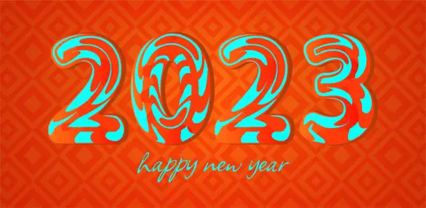 Vector illustration of 2023 Happy New Year. 2023 numbers. Sylized metal color chrome liquid greeting card design