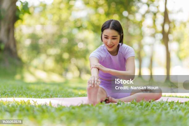Pretty Slim Perfect Body Asian Women Wear Sportswear To Playing Basic Yoga Compose Stock Photo - Download Image Now