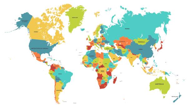 farbige weltkarte. politische karten, bunte weltländer und ländernamen - weltkarte stock-grafiken, -clipart, -cartoons und -symbole
