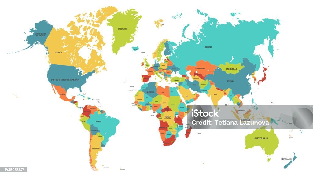 Mapa del mundo a color. Mapas políticos, coloridos países del mundo y nombres de países - arte vectorial de Mapa mundial libre de derechos Mapa del mundo a color. Mapas políticos, coloridos países del mundo y nombres de países - arte vectorial de Mapa mundial libre de derechos