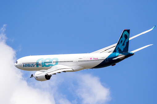 New Airbus A330neo passenger plane in flight over Le Bourget Airport, France - June 21, 2019