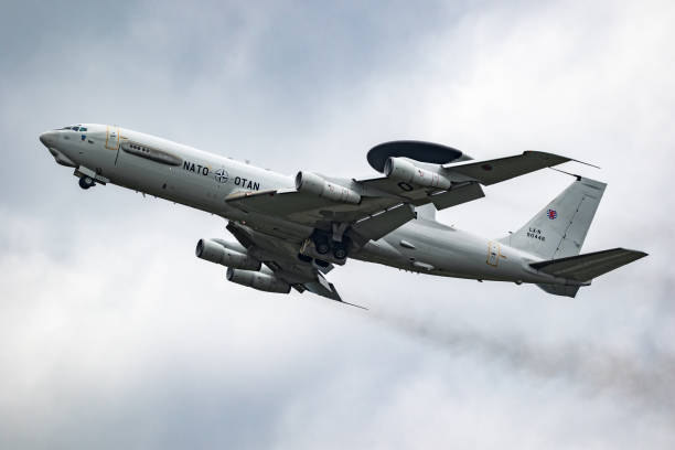 NATO Boeing E-3 Sentry AWACS radar plane performing a low-pass at the Eindhoven Airbase.  The Netherlands - July 3, 2020