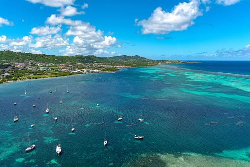 An aerial view of Christiansted harbor on the northern side of St. Croix in the US Virgin Islands