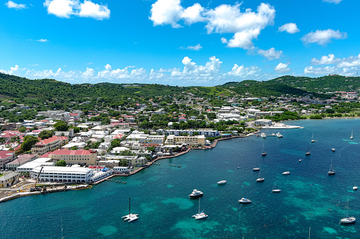 An aerial view of Christiansted harbor on the northern side of St. Croix in the US Virgin Islands