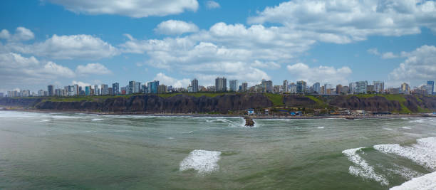 Aerial panoramic image of Miraflores town, cliff and the the Green Coast, Costa Verde. stock photo
