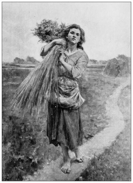 antikes bild: gemälde, "glaneuse" von breton - victorian style engraving engraved image photography stock-grafiken, -clipart, -cartoons und -symbole