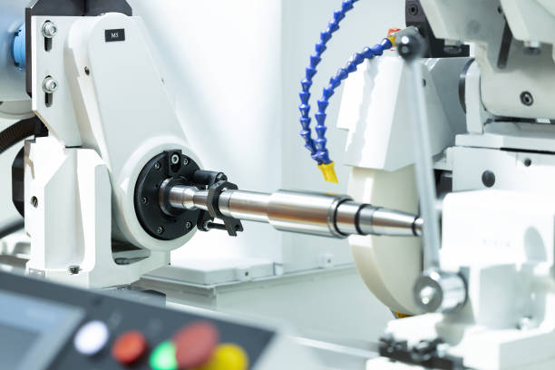 CNC machine. Metalworking heavy industry. High-tech and high-speed metal processing. stock photo