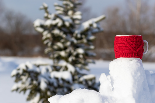 A red mug with a hot drink on a snowdrift on a frosty sunny winter day in the forest against the backdrop of snow-covered fir trees. Landscape. Selective focus. Close-up