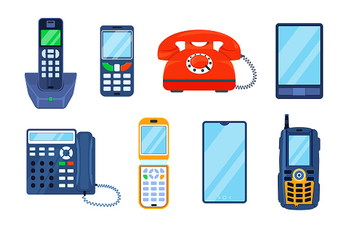 Landline and cell phones - flat design style illustration set. High quality colorful images of electronic communication devices and gadgets. Modern smartphones and outdated models. Technology idea