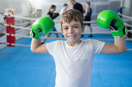 Portrait of a small boy in green boxing gloves in triumph pose. Combat sport and kids sport concept.