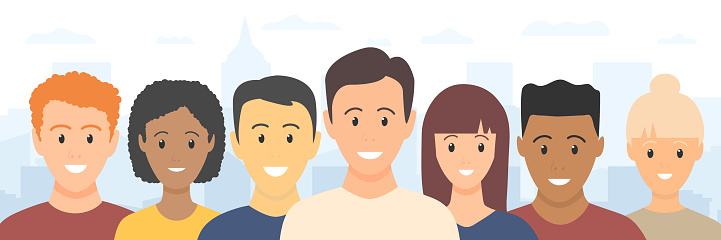 People crowd in casual cloths. Male and female faces group. Multicultural people population. Human portraits collection in city. Vector illustration