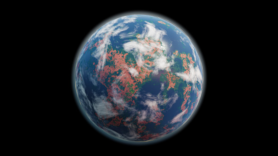 Exoplanet for human life. Habitable planet isolated on a black background. Planet with water and greenery, concept of the discovery of exoplanets and the search for life. 3D Render