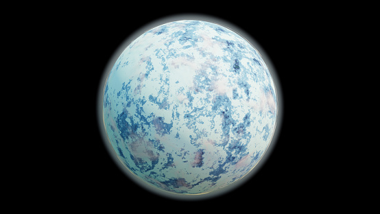 Frozen planet Earth. Planet covered in snow, isolated on a black background. Nuclear winter or ice age. 3D Render.