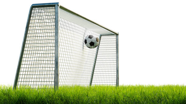 ゴールネットのサッカーボール、3dレンダリング。白い背景にボールがゴールに当たる。草原の上のゴールにサッカーボール。 - soccer man made material goal post grass ストックフォトと画像
