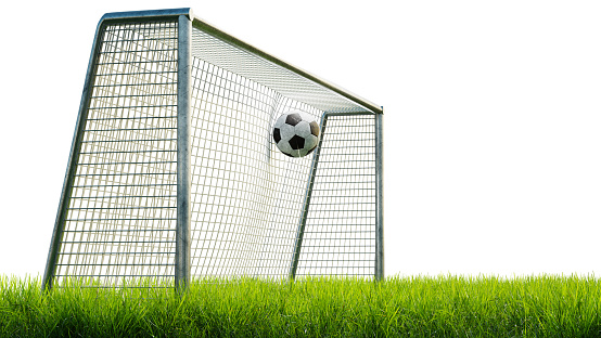 Soccer ball in the goal net, 3d render. Ball hits the goal, isolated on a white background. Soccer ball in the goal on a grass field