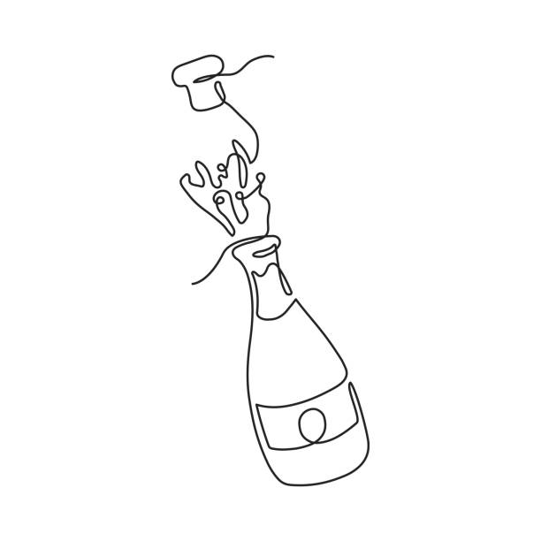 illustrazioni stock, clip art, cartoni animati e icone di tendenza di disegno continuo a una linea della bottiglia di champagne. - champagne cork isolated single object