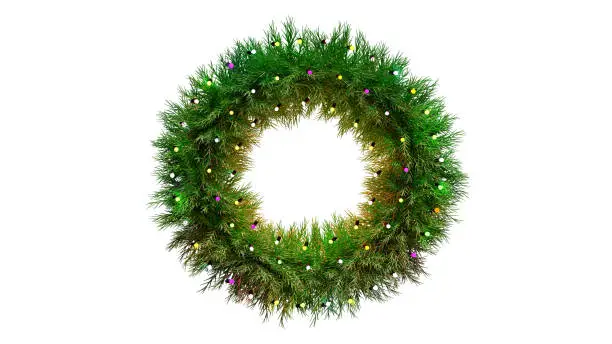 Photo of Christmas wreath with light isolated on a white background. Christmas wreath of pine branches with glowing lights 3d rendering