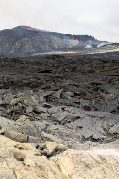 istock Impressive aerial view of the exploding red lava from the Active Volcano in Iceland 1435068829