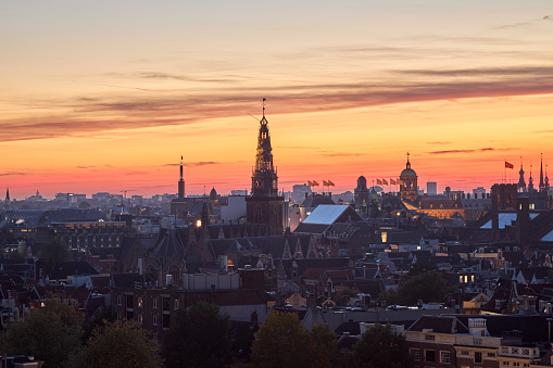 Aerial view cityscape at sunset in Amsterdam, The Netherlands