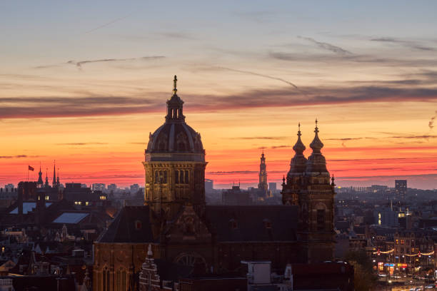 Aerial view cityscape at sunset in Amsterdam, The Netherlands