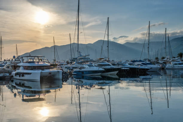 istock Moored yachts and motorboats at sunset 1435070154
