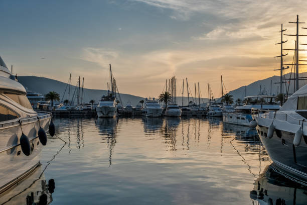 istock Moored yachts and motorboats at sunset 1435070490