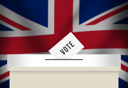 United Kingdom Election and political concept background with box and paper. UK flag waving with Ballot paper