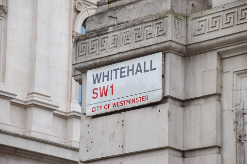 London, UK - September 18 2021: Whitehall sign outside Downing Street, Westminster
