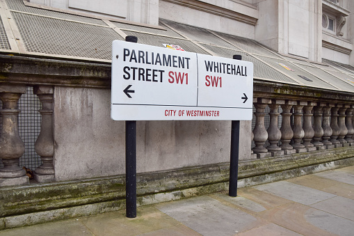 London, UK - January 24 2022: Parliament Street and Whitehall sign, Westminster.