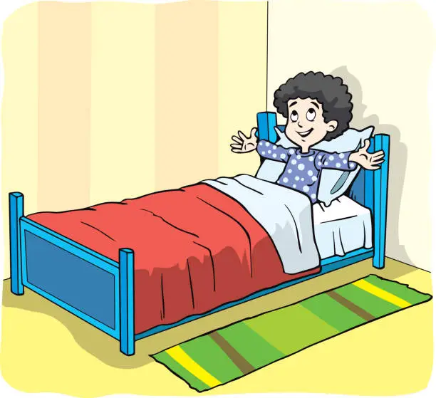 Vector illustration of Boy woke up in bed